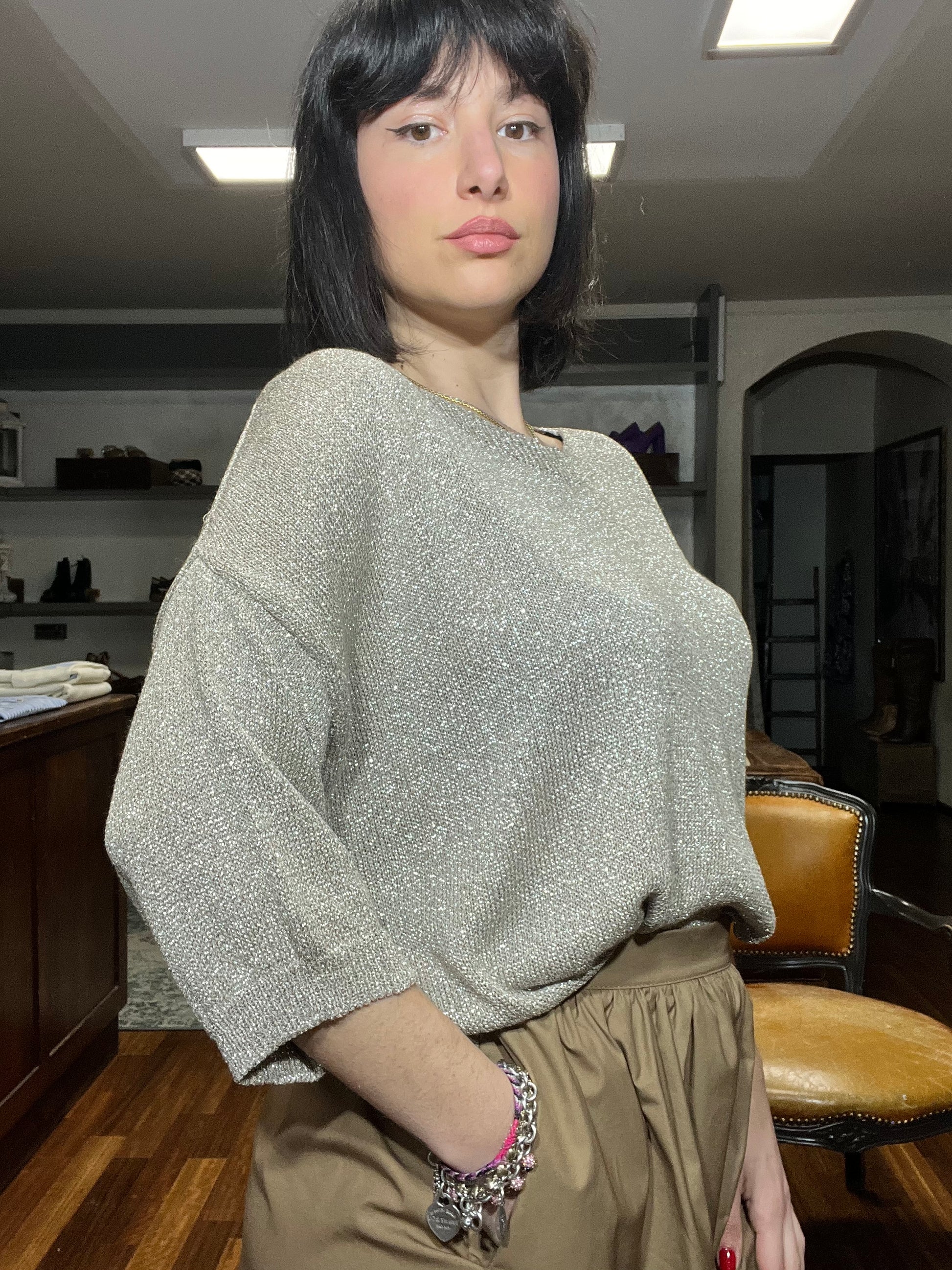 Lokita- Cardigan maniche pipistrello filo lame - Galleria 77