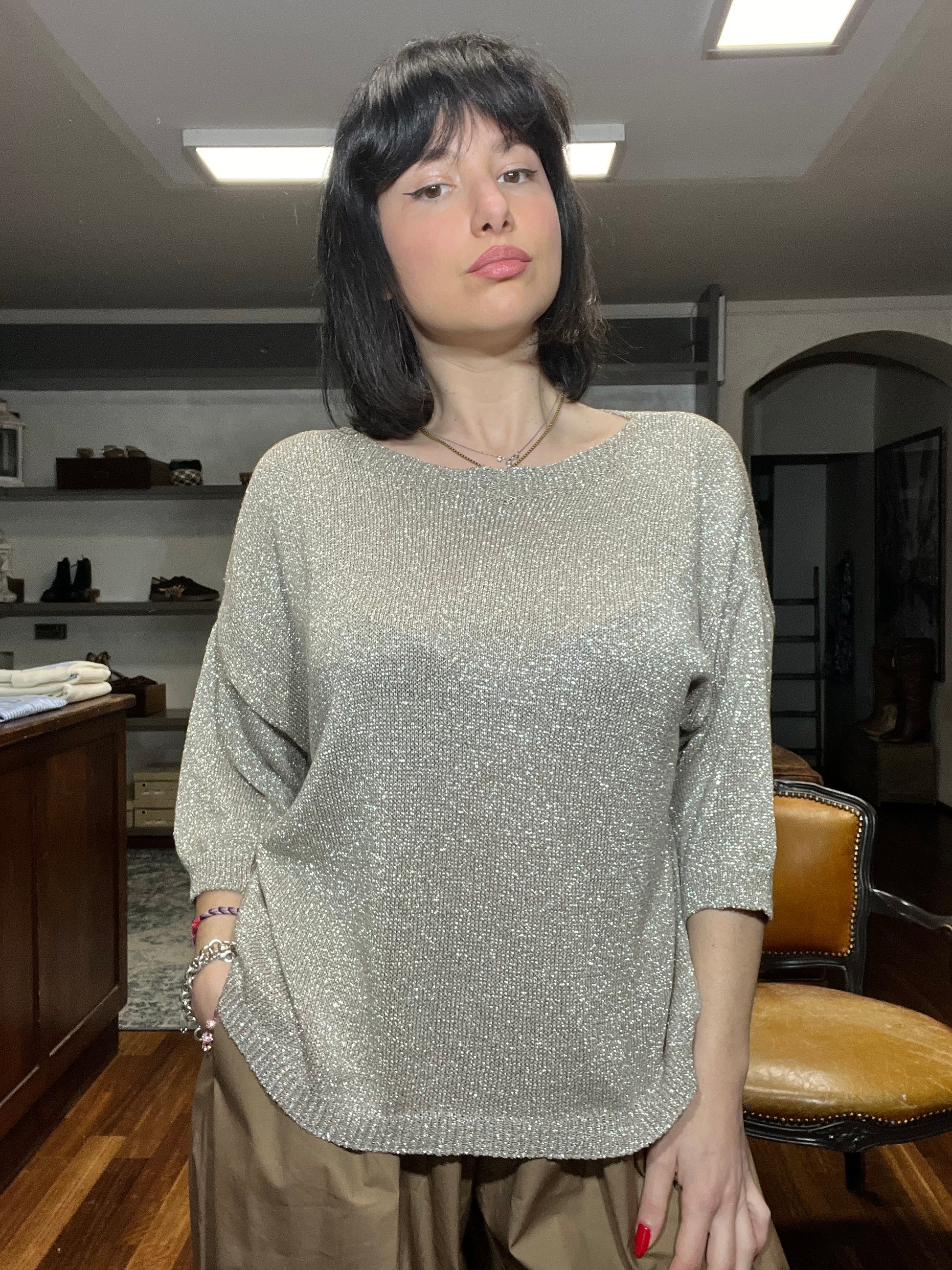 Lokita- Cardigan maniche pipistrello filo lame - Galleria 77